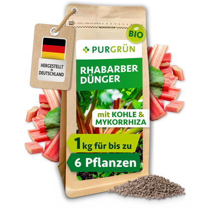 Purgrün Bio-Rhabarber-Dünger im 1-kg-Beutel mit Kohle und Mykorrhiza, ausreichend für bis zu 6 Pflanzen.