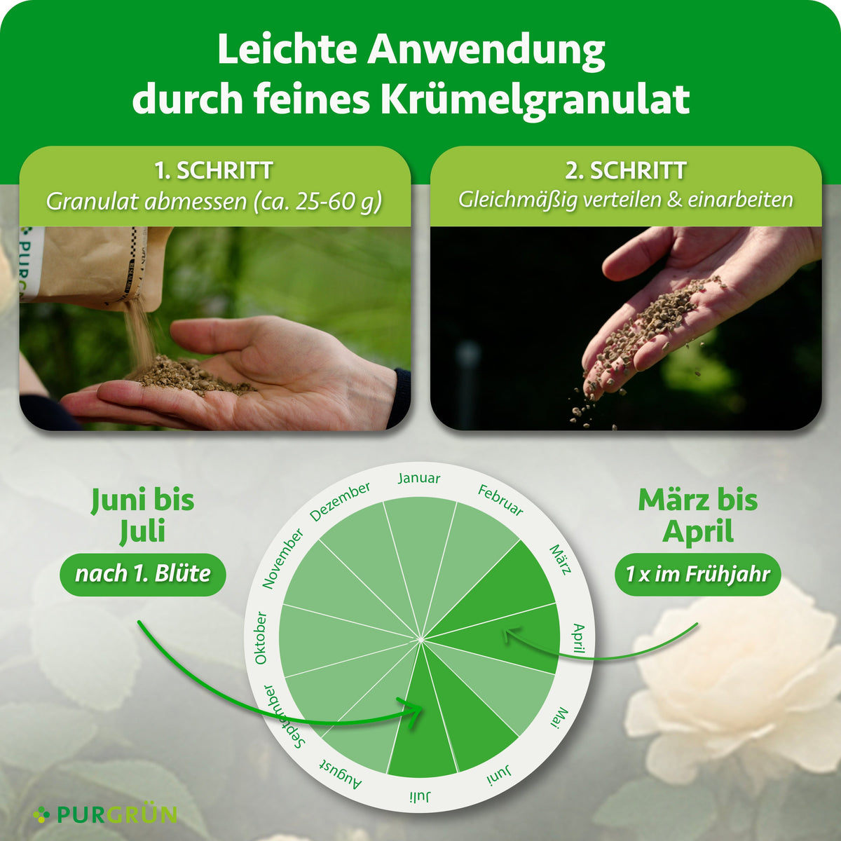 Anwendung: ca. 25–60 g Granulat abmessen, gleichmäßig im Wurzelbereich verteilen und einarbeiten. Im Frühjahr von März bis April und nach der ersten Blüte anwenden, letzte Gabe bis Ende Juli.