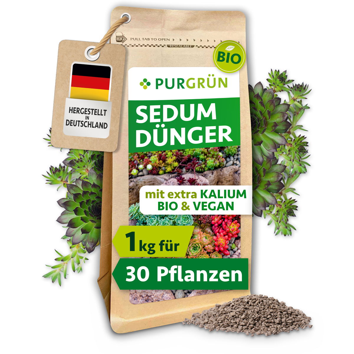 Purgrün Bio-Sedum-Dünger im 1-kg-Beutel mit sichtbarem Krümelgranulat und Sedum-Rosetten; bio und vegan.