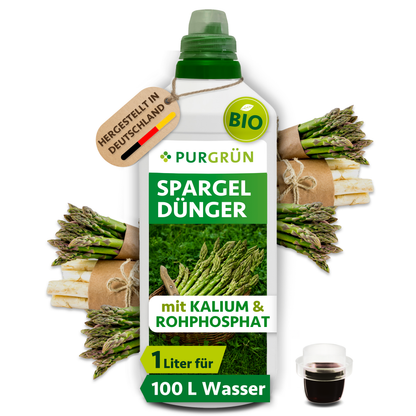 Purgrün Bio-Spargeldünger in der 1-Liter-Flasche mit Dosierkappe, umgeben von grünem und weißem Spargel; reicht für ca. 100 Liter Gießwasser.