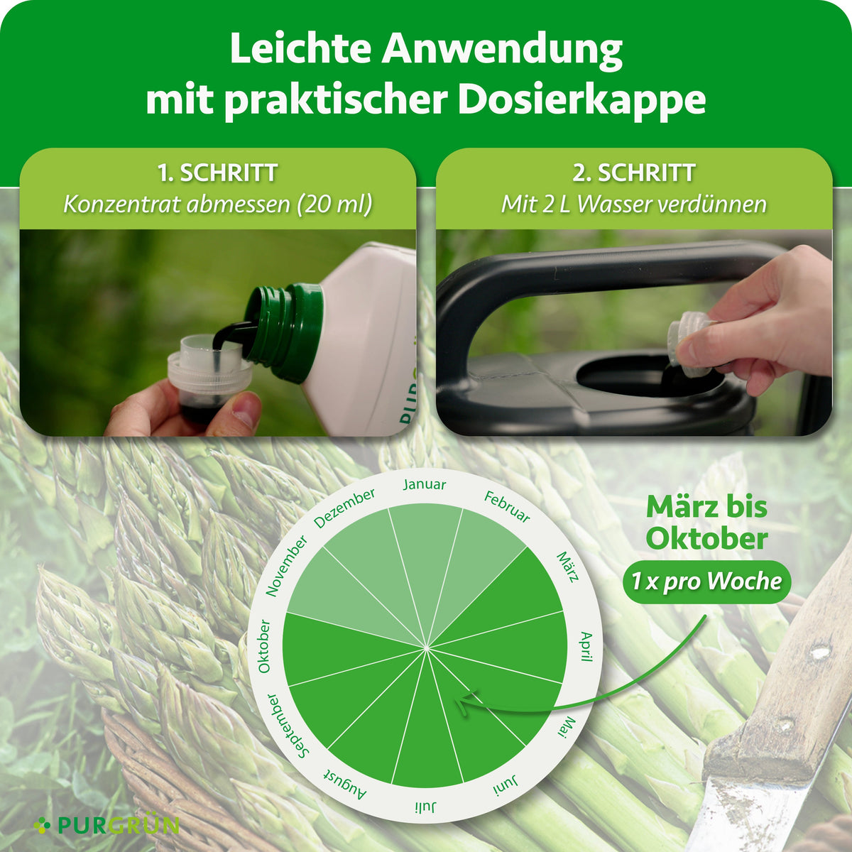 Anwendung: 20 ml Konzentrat abmessen, mit 2 L Wasser verdünnen und von März bis Oktober 1x pro Woche anwenden.