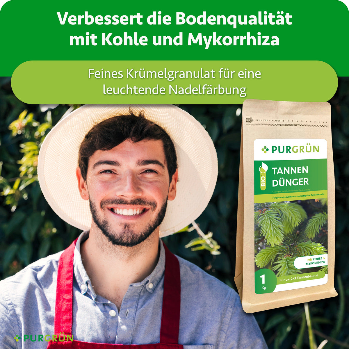 Verbessert die Bodenqualität mit Kohle und Mykorrhiza; feines Krümelgranulat für eine leuchtende Nadelfärbung.