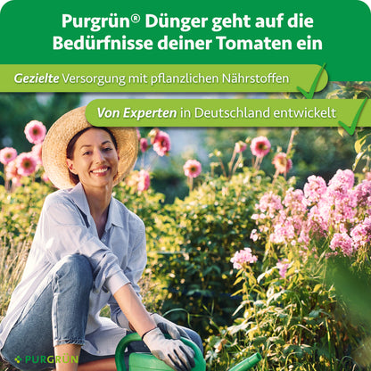 Purgrün Bio-Tomatendünger: gezielte Versorgung mit pflanzlichen Nährstoffen, von Experten in Deutschland entwickelt.