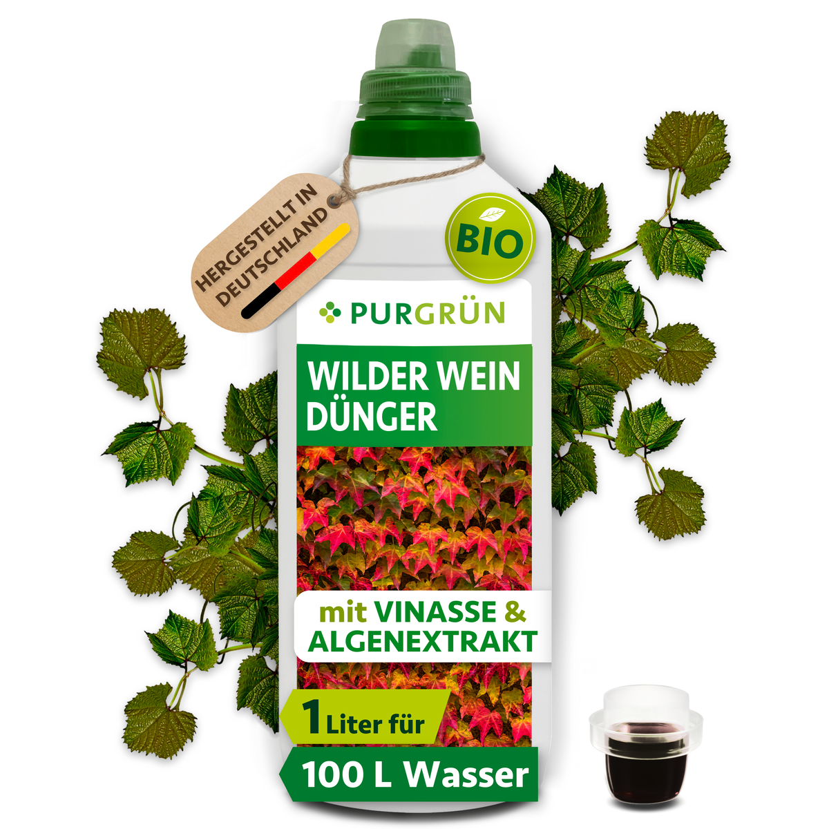 1-Liter-Flasche Purgrün Bio-Wilder-Wein-Dünger mit Dosierkappe, laut Etikett für ca. 100 Liter Gießwasser.