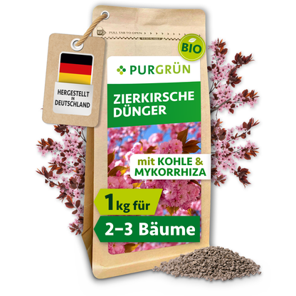 Purgrün Bio-Zierkirsche-Dünger, 1 kg, im wiederverschließbaren Beutel mit Kohle und Mykorrhiza.