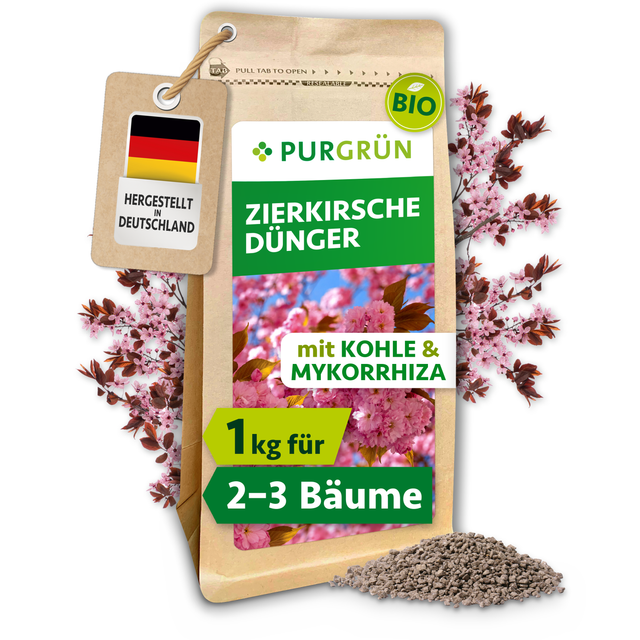 Purgrün Bio-Zierkirsche-Dünger, 1 kg, im wiederverschließbaren Beutel mit Kohle und Mykorrhiza.