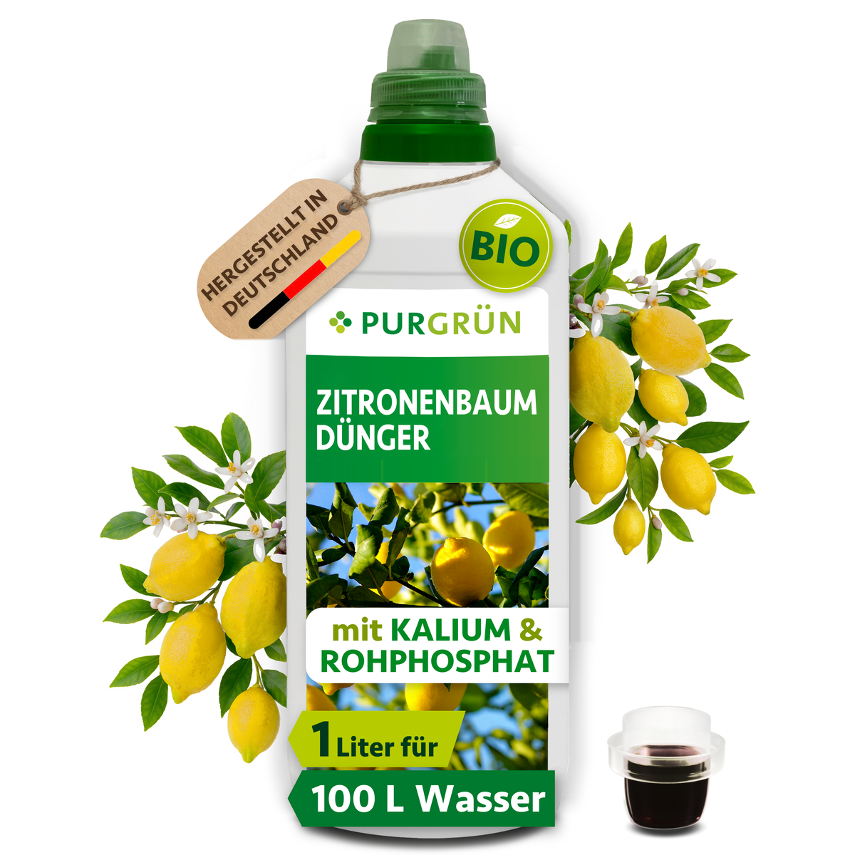 Bio-Zitronenbaum-Dünger im 1-Liter-Gebinde mit Dosierkappe, umgeben von Zitronen und Blüten.