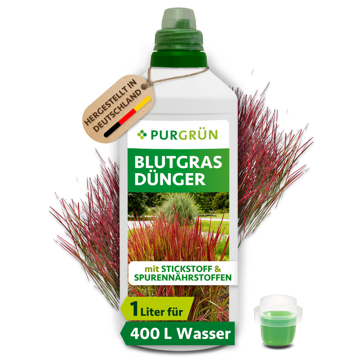 Purgrün Blutgras-Dünger im 1-Liter-Kanister mit Dosierkappe vor rotem Blutgras; laut Etikett für ca. 400 Liter Gießwasser.