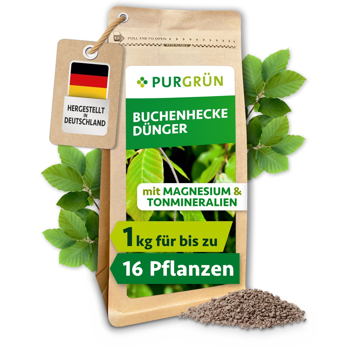 Purgrün Buchenhecke-Dünger im 1-kg-Beutel mit Buchenblättern und feinem Granulat, ausreichend für bis zu 16 Heckenpflanzen.
