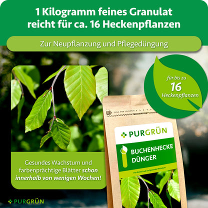 1 kg feines Granulat reicht für ca. 16 Heckenpflanzen und dient zur Neupflanzung und Pflegedüngung.