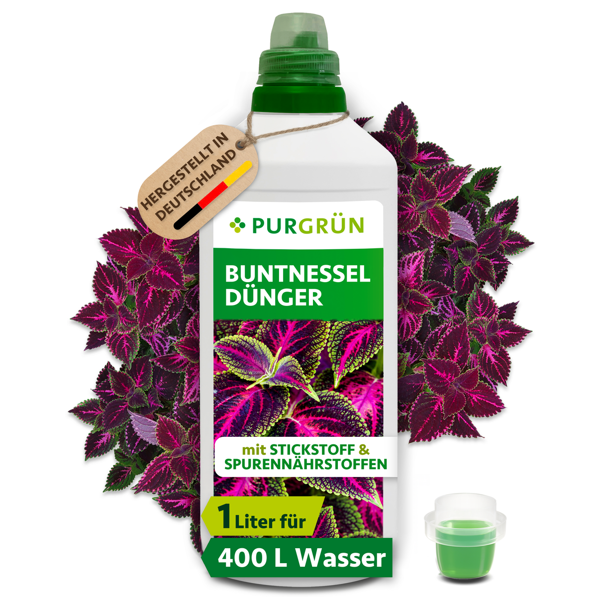 Purgrün Buntnessel-Dünger im 1-Liter-Gebinde mit Dosierkappe vor violett-grünen Buntnesselblättern; reicht für ca. 400 Liter Gießwasser.