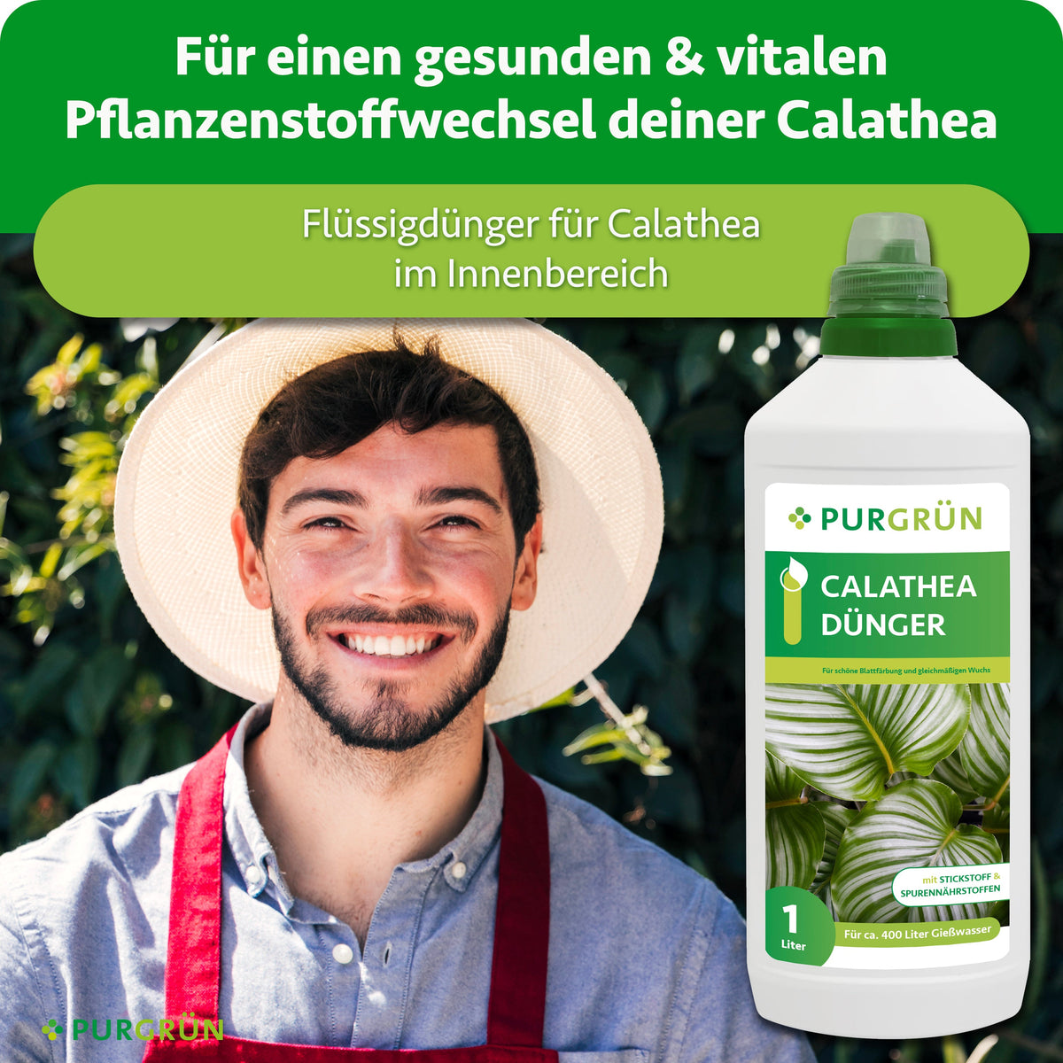 Calathea-Flüssigdünger für den Innenbereich, beworben für einen gesunden und vitalen Pflanzenstoffwechsel.