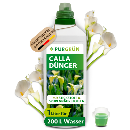 Purgrün Calla-Dünger, 1 Liter, mit Dosierkappe und Calla-Blüten; reicht für ca. 200 Liter Gießwasser.