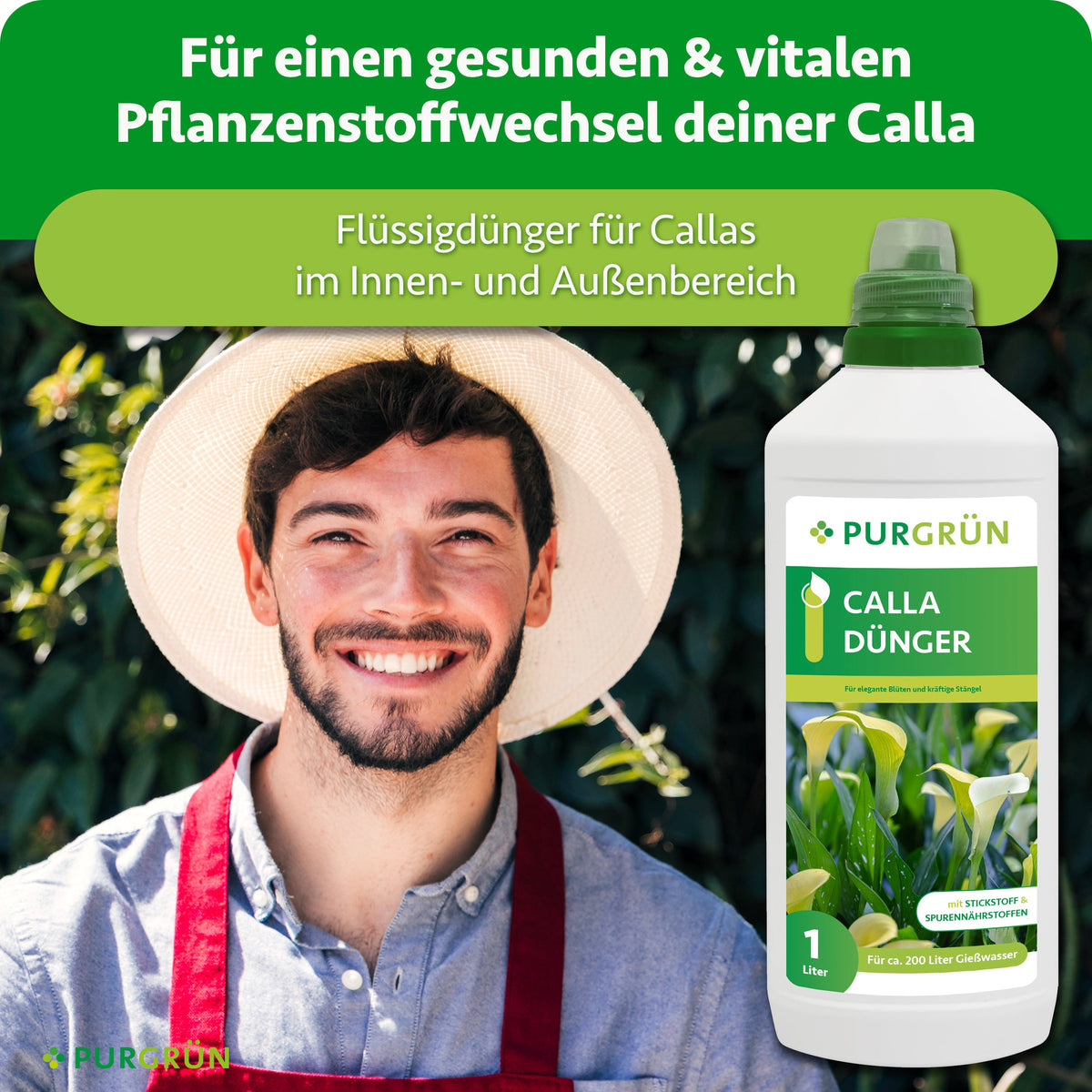 Calla-Flüssigdünger für den Innen- und Außenbereich unterstützt einen gesunden, vitalen Pflanzenstoffwechsel; daneben ein lächelnder Gärtner.