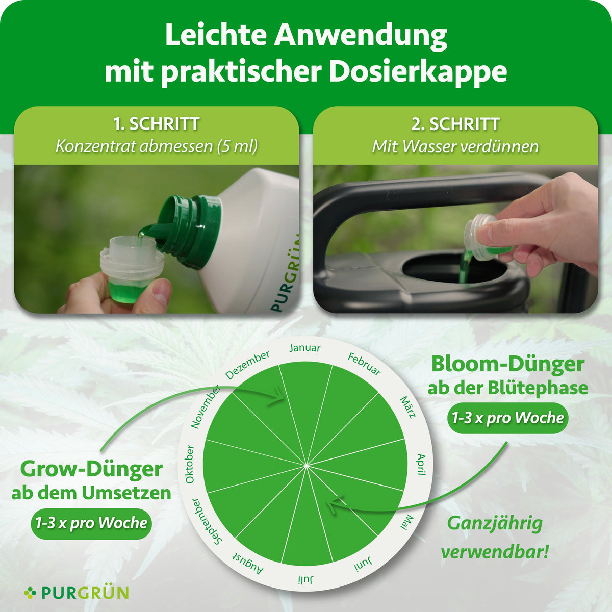 5 ml Konzentrat mit der Dosierkappe abmessen und mit Wasser verdünnen. Grow-Dünger ab dem Umsetzen, Bloom-Dünger ab der Blüte ganzjährig 1-3 x pro Woche anwenden.