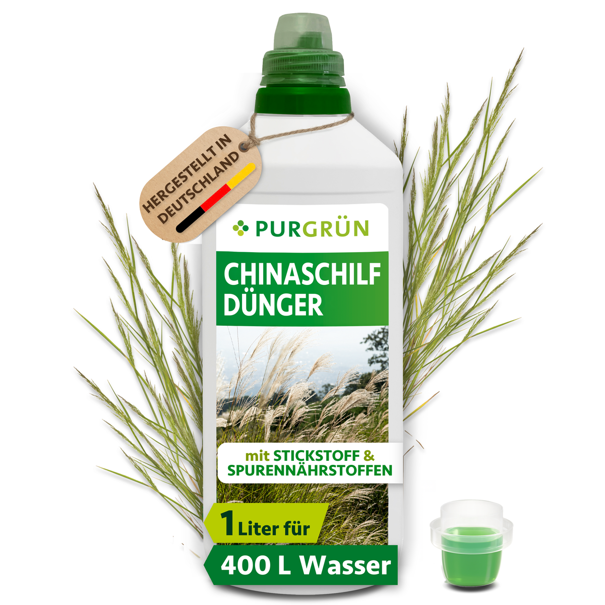 Purgrün Chinaschilf-Dünger in der 1-Liter-Flasche mit Dosierkappe; reicht für ca. 400 Liter Gießwasser und ist in Deutschland hergestellt.