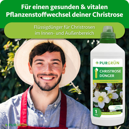 Flüssigdünger für Christrosen im Innen- und Außenbereich, dargestellt neben einem lächelnden Gärtner.