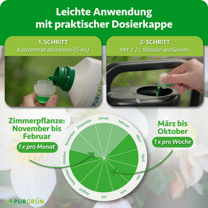 Anwendung: 5 ml Konzentrat abmessen und mit 1–2 Litern Wasser verdünnen. Zimmerpflanzen von November bis Februar einmal monatlich, von März bis Oktober einmal wöchentlich düngen.