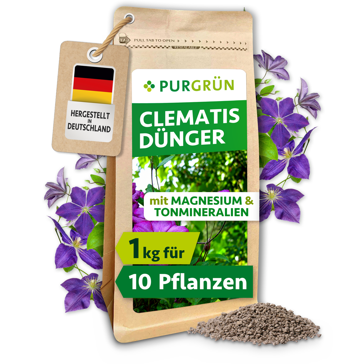 Purgrün Clematis-Dünger im 1-kg-Beutel mit feinem Granulat, für ca. 10 Pflanzen und mit Magnesium sowie Tonmineralien.