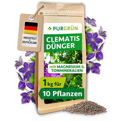 Purgrün Clematis-Dünger im 1-kg-Beutel mit feinem Granulat, für ca. 10 Pflanzen und mit Magnesium sowie Tonmineralien.