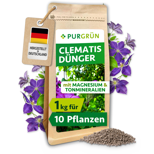Purgrün Clematis-Dünger im 1-kg-Beutel mit feinem Granulat, für ca. 10 Pflanzen und mit Magnesium sowie Tonmineralien.