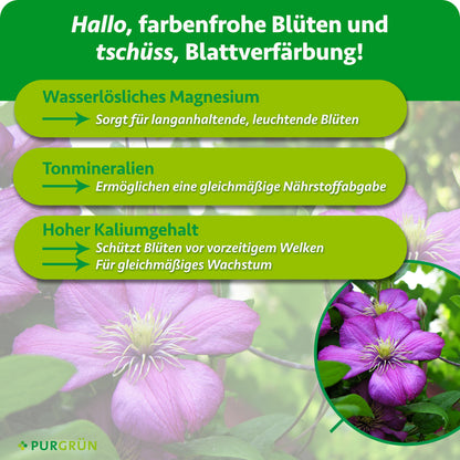 Wasserlösliches Magnesium sorgt für langanhaltende, leuchtende Blüten, Tonmineralien ermöglichen eine gleichmäßige Nährstoffabgabe. Hoher Kaliumgehalt schützt Blüten vor vorzeitigem Welken und unterstützt gleichmäßiges Wachstum.
