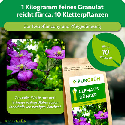 1 kg feines Granulat reicht für ca. 10 Kletterpflanzen und eignet sich zur Neupflanzung sowie Pflegedüngung.