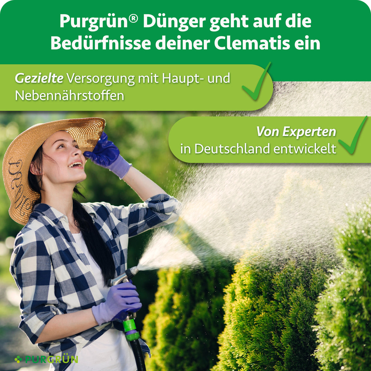 Purgrün Clematis-Dünger: gezielte Versorgung mit Haupt- und Nebennährstoffen, von Experten in Deutschland entwickelt.
