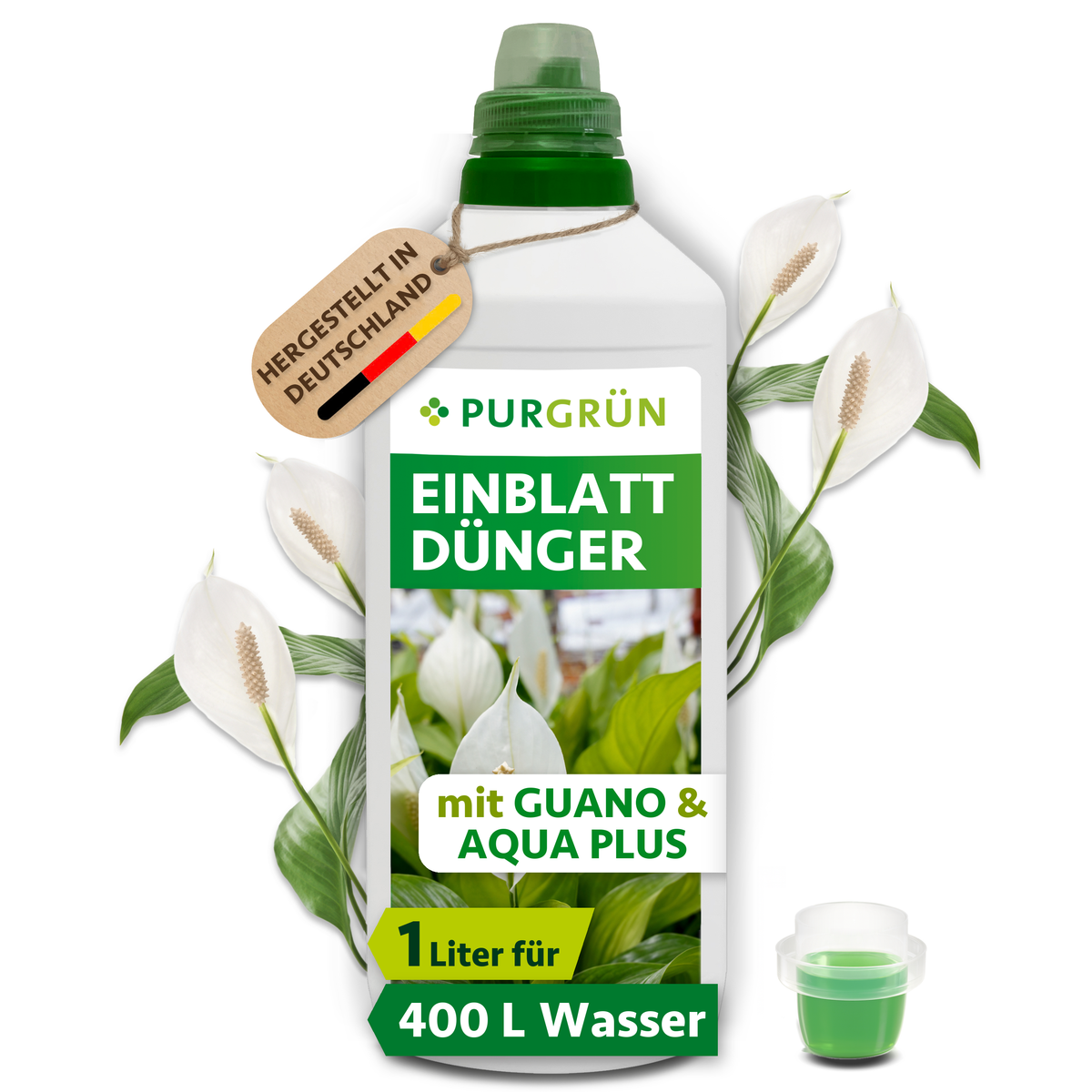 Purgrün Einblatt-Dünger, 1 Liter, mit Dosierkappe und blühenden Einblättern; reicht laut Etikett für ca. 400 Liter Gießwasser.