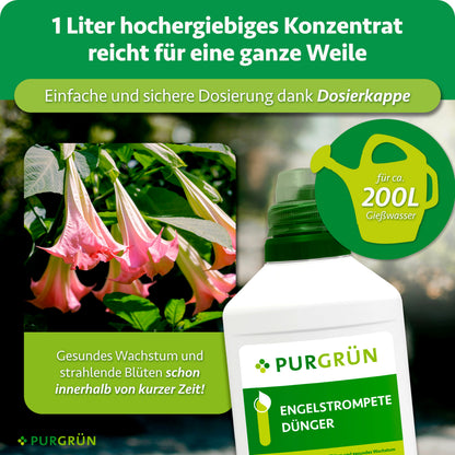 1 Liter Engelstrompete-Dünger als Konzentrat mit Dosierkappe reicht für etwa 200 Liter Gießwasser.