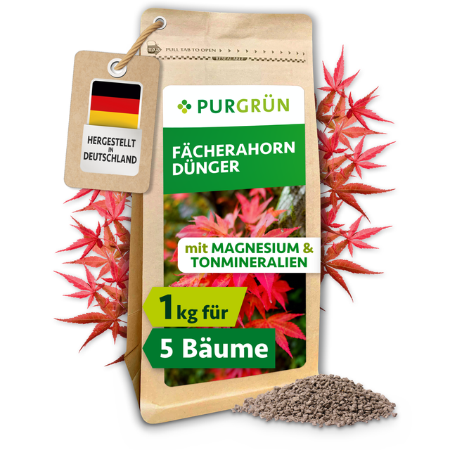Purgrün Fächerahorn-Dünger im 1-kg-Standbeutel mit roten Ahornblättern und feinem Granulat.