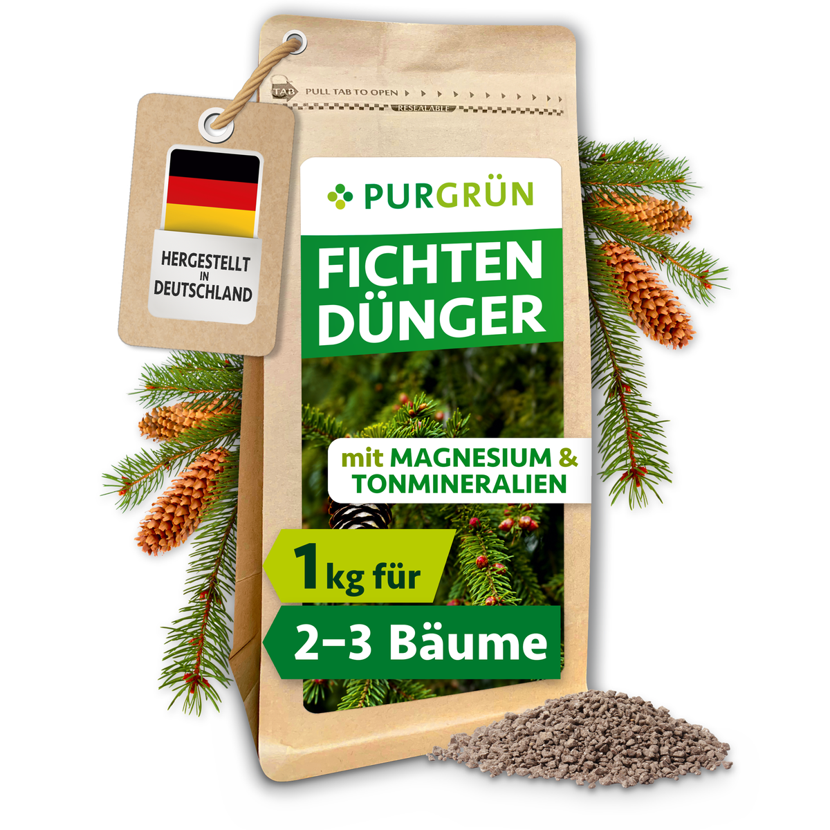 Purgrün Fichten-Dünger im 1-kg-Beutel für ca. 2-3 Fichten, umgeben von Fichtenzweigen, Zapfen und feinem Granulat.