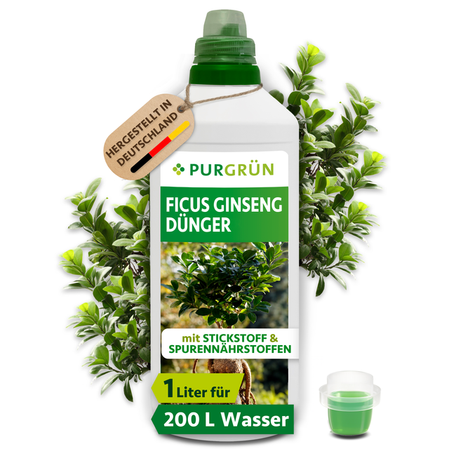 Purgrün Ficus-Ginseng-Dünger in der 1-Liter-Flasche mit Dosierkappe; reicht für ca. 200 Liter Gießwasser.