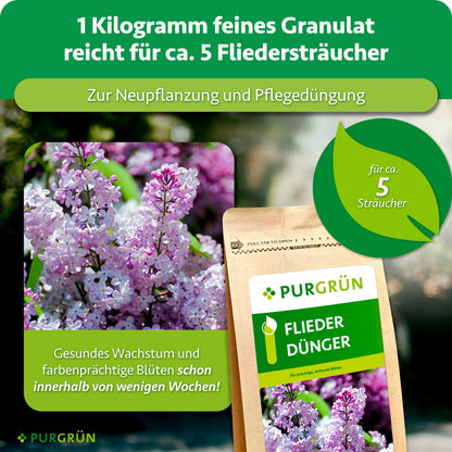 1 Kilogramm feines Granulat reicht zur Neu- und Pflegedüngung für ca. 5 Fliedersträucher. Gesundes Wachstum und farbenprächtige Blüten schon innerhalb von wenigen Wochen.