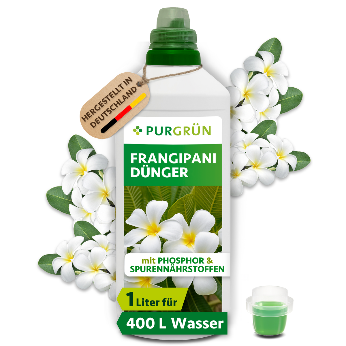 Purgrün Frangipani-Dünger in der 1-Liter-Flasche mit Dosierkappe und weißen Frangipani-Blüten; ausreichend für ca. 400 Liter Gießwasser.