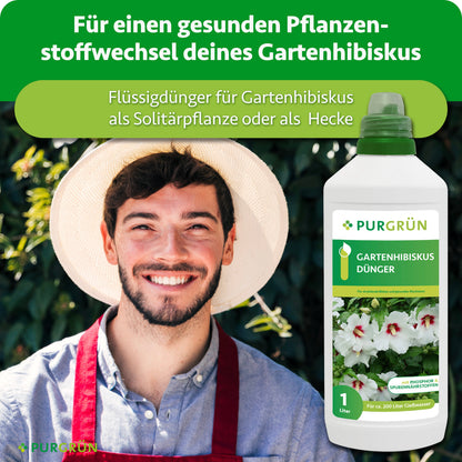 Flüssigdünger für Gartenhibiskus als Solitärpflanze oder Hecke, zur Unterstützung eines gesunden Pflanzenstoffwechsels.