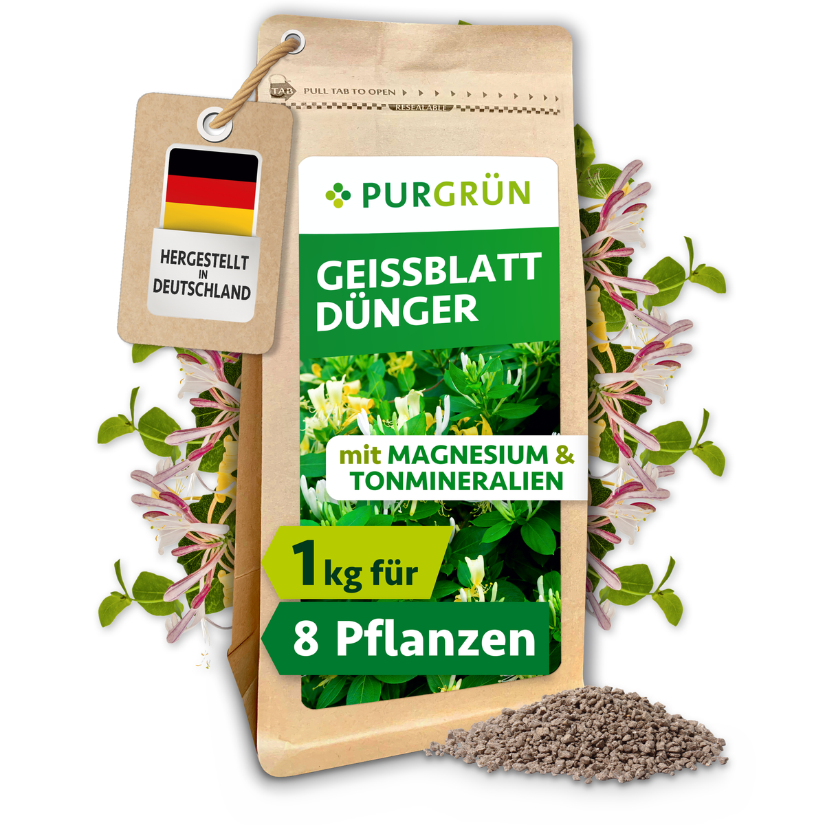 Purgrün Geißblatt-Dünger im wiederverschließbaren 1-kg-Beutel, für ca. 8 Pflanzen und mit Magnesium sowie Tonmineralien.