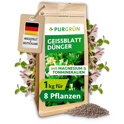 Purgrün Geißblatt-Dünger im wiederverschließbaren 1-kg-Beutel, für ca. 8 Pflanzen und mit Magnesium sowie Tonmineralien.