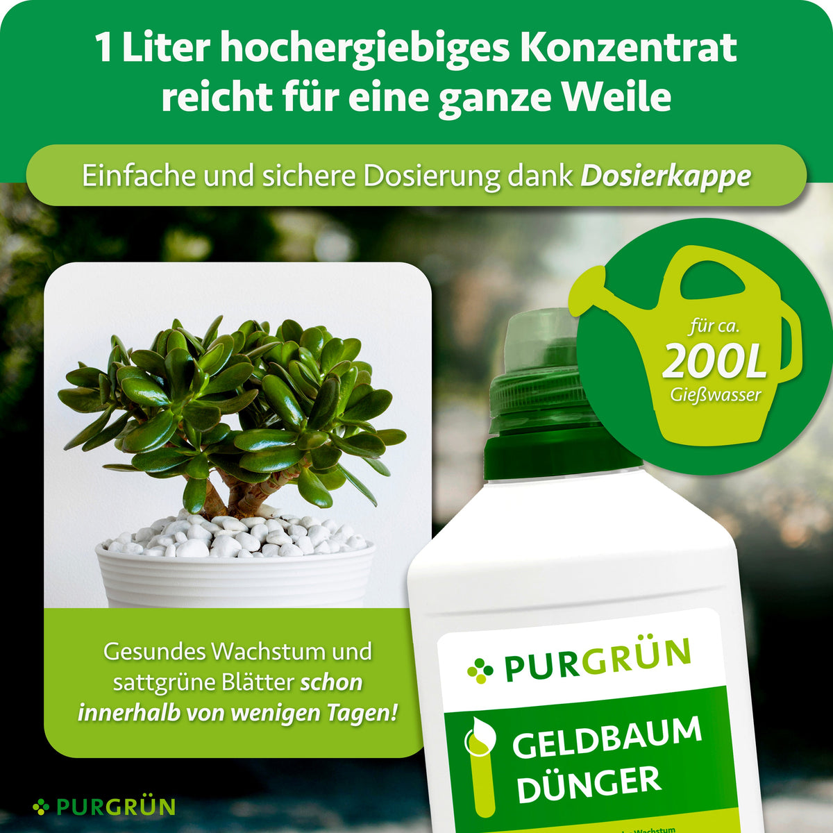 Ein Liter Konzentrat reicht für ca. 200 Liter Gießwasser; die Dosierkappe erleichtert die Dosierung.