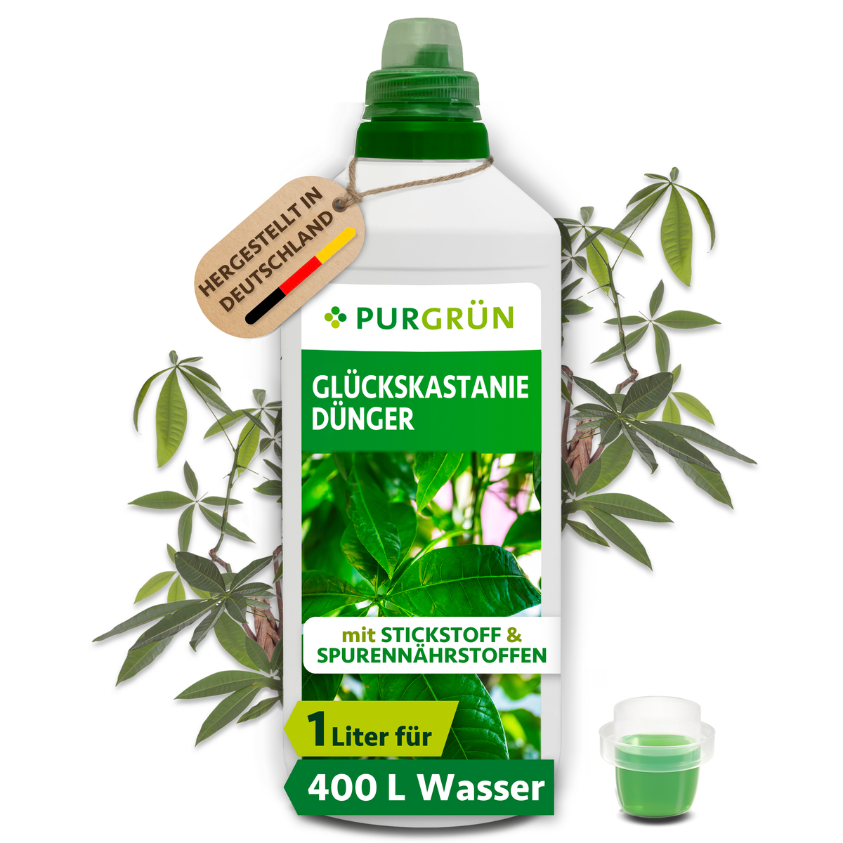 Purgrün Glückskastanie-Dünger, 1 Liter, mit Dosierkappe; Konzentrat für etwa 400 Liter Gießwasser.