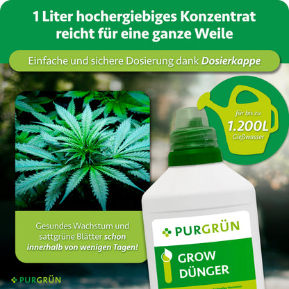 Das Bild zeigt eine Flasche Purgrün Cannabis Grow-Dünger 1 Liter mit Gießkanne und Cannabisblättern. Die konzentrierte Formel und die einfache Anwendung sorgen für optimale Nährstoffversorgung und schnelle Ergebnisse während der Wachstumsphase. Eine Dosierungsanleitung liegt bei.