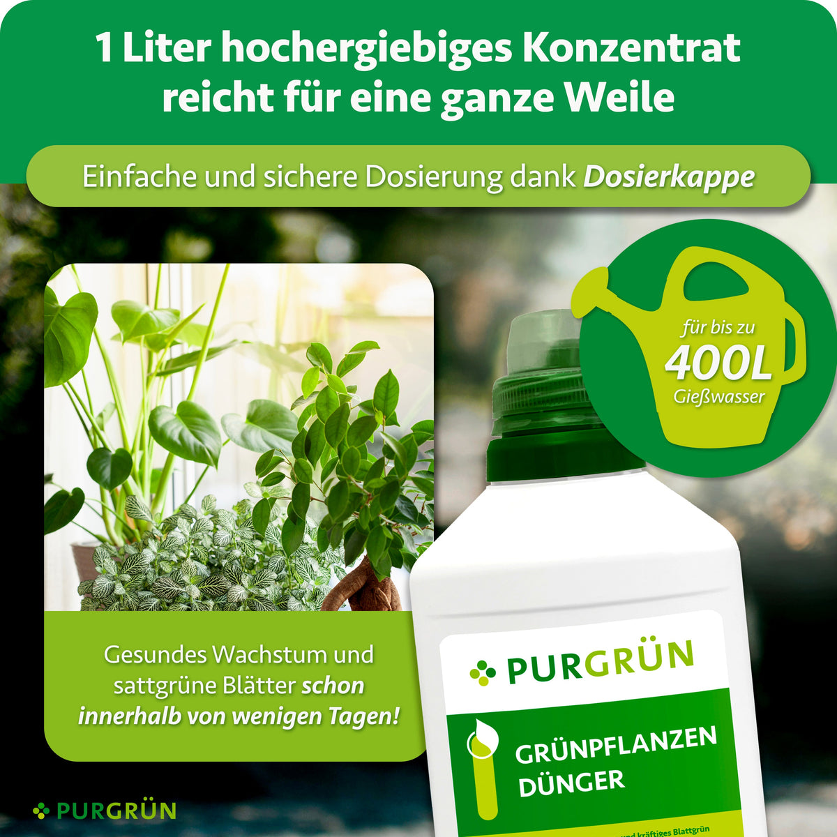 1 Liter Konzentrat reicht für bis zu 400 Liter Gießwasser und lässt sich mit der Dosierkappe einfach und sicher dosieren.