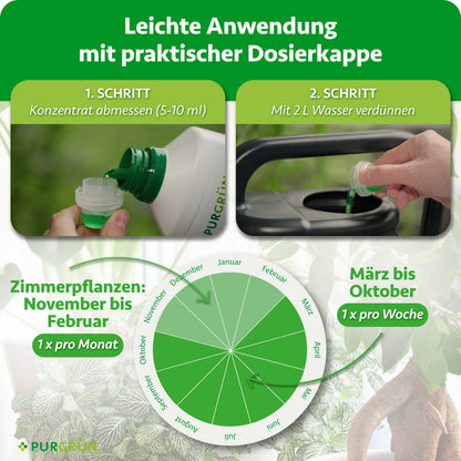 Anwendung: 5–10 ml Konzentrat abmessen und mit 2 Litern Wasser verdünnen. Zimmerpflanzen von November bis Februar einmal monatlich, von März bis Oktober einmal wöchentlich düngen.