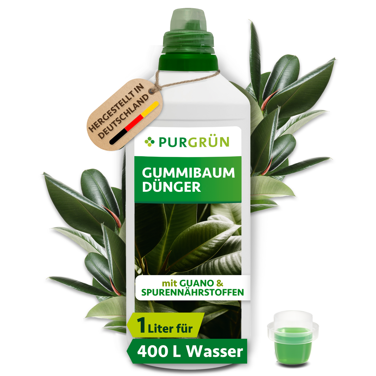 Purgrün Gummibaum-Dünger in der 1-Liter-Flasche mit Dosierkappe, Guano und Spurennährstoffen; ausreichend für ca. 400 Liter Gießwasser.