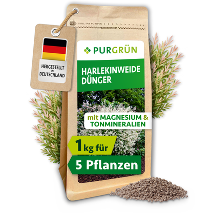 Purgrün Harlekinweide-Dünger im wiederverschließbaren 1-kg-Beutel für ca. 5 Harlekinweiden, mit Zweigen und feinem Granulat.