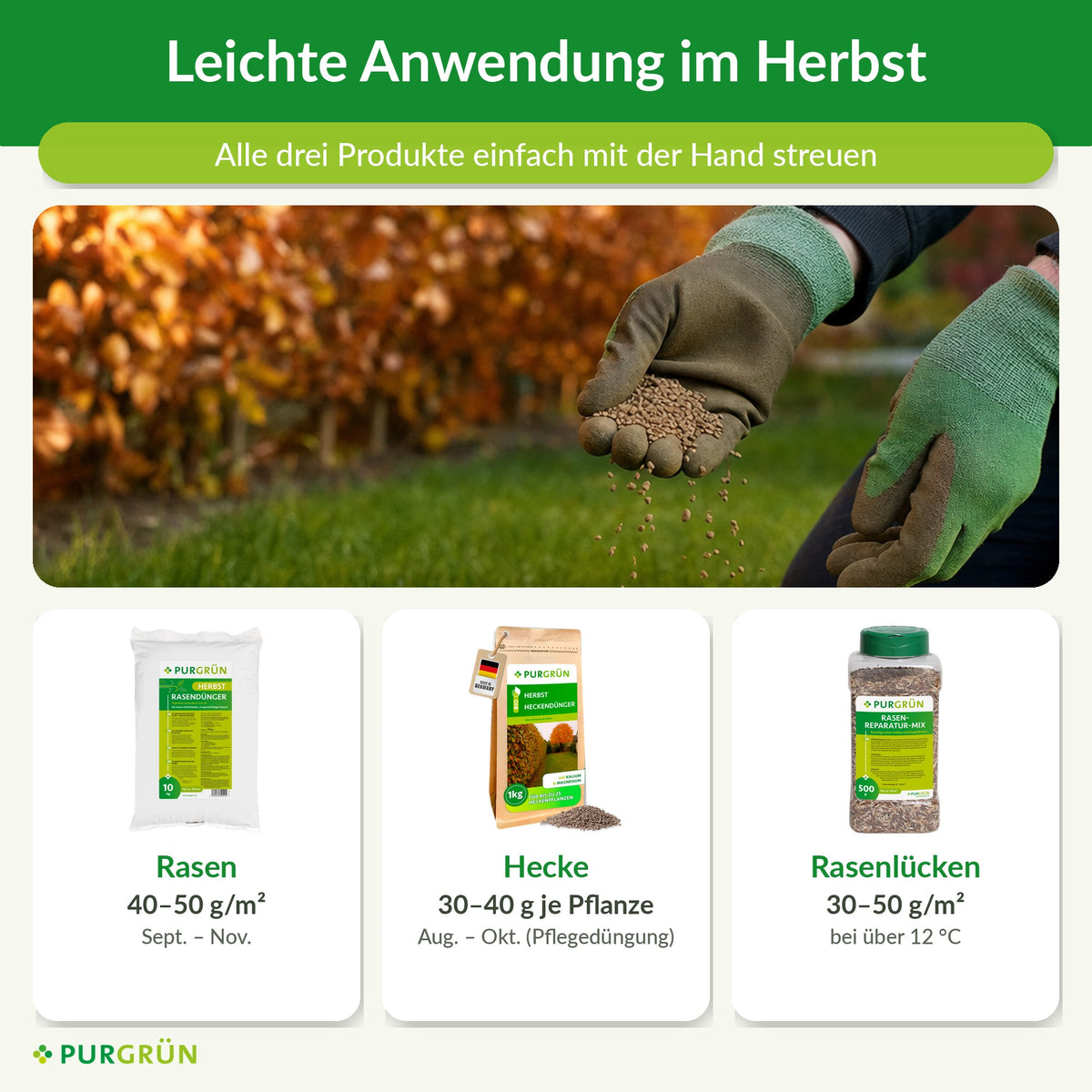 Herbst-Bundle Anwendung: Dosierung von Herbstrasendünger, Bio-Herbst-Heckendünger und Rasen-Reparatur-Mix