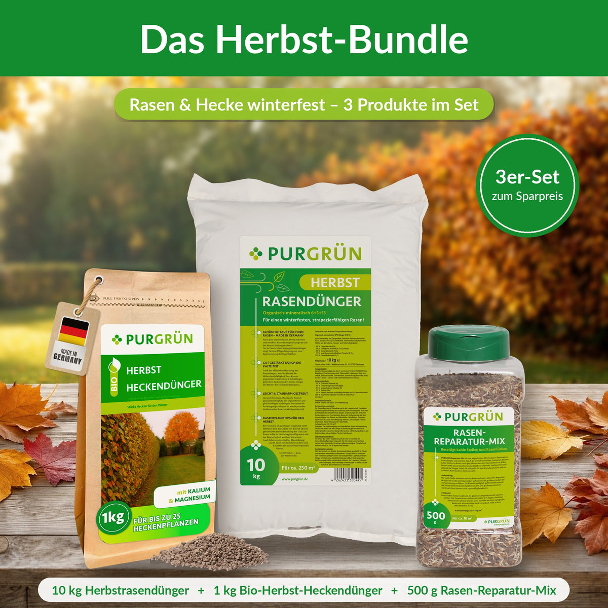 Herbst-Bundle von Purgrün: Herbstrasendünger 10 kg, Bio-Herbst-Heckendünger 1 kg und Rasen-Reparatur-Mix 500 g