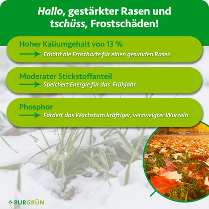 Hoher Kaliumgehalt von 13 % unterstützt den Frostschutz, moderater Stickstoffanteil speichert Energie fürs Frühjahr und Phosphor fördert kräftige, verzweigte Wurzeln.