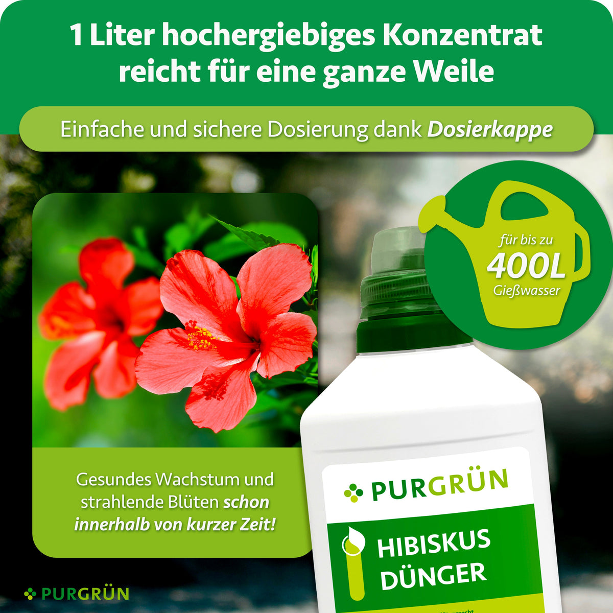 1 Liter Konzentrat reicht für bis zu 400 Liter Gießwasser und lässt sich mit der Dosierkappe einfach dosieren.