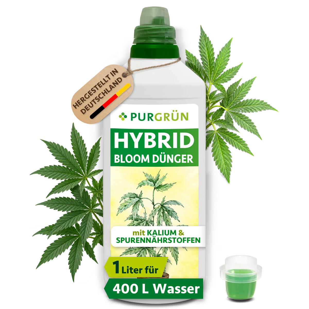 1-Liter-Flasche Purgrün Hybrid-Bloom-Dünger mit Dosierkappe, Cannabisblüten und Anhänger „Hergestellt in Deutschland“.